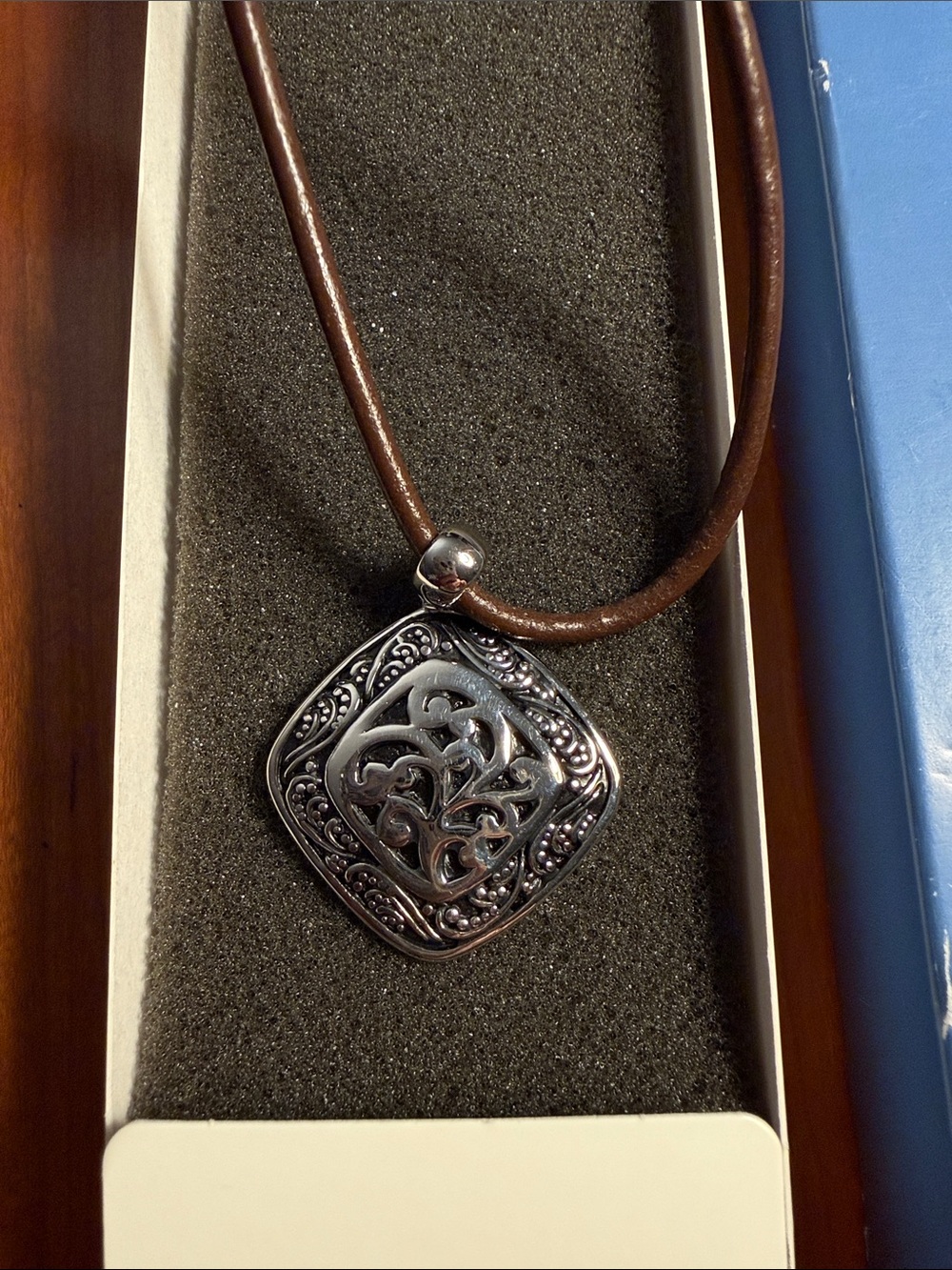 Sterling-Effect Filigree Pendant Necklace with Brown Leather Cord by Lia Sophia